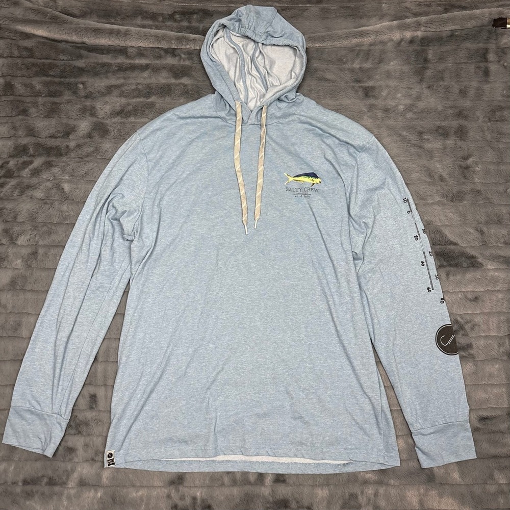 Salty Crew Mens 2XL Premium Technical Tee Hoodie Blue Mahi Mahi Sun Shirt SPF 40